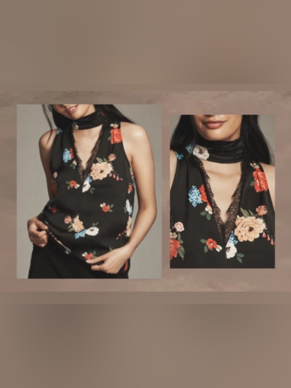 By Anthropologie Silky Black Floral Halter Tank/Lace Trim/Scarf Neck Tie: Size S